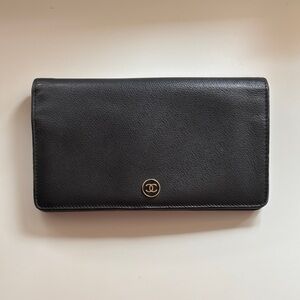 CHANEL Black Leather Long Wallet with Gold CC Logo